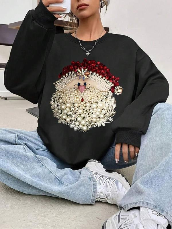 Women's Christmas Santa Claus Print Drop Shoulder Sweatshirt, Casual Long Sleeve Round Neck Pullover for Fall & Winter,...