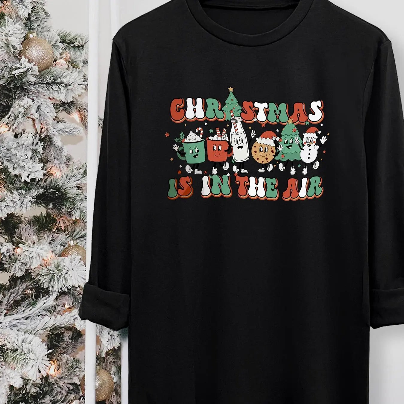 Women's Christmas Themed Cartoon & Letter Print Round Neck Tee, Casual Long Sleeve Crew Neck T-shirt for Fall & Winter,...