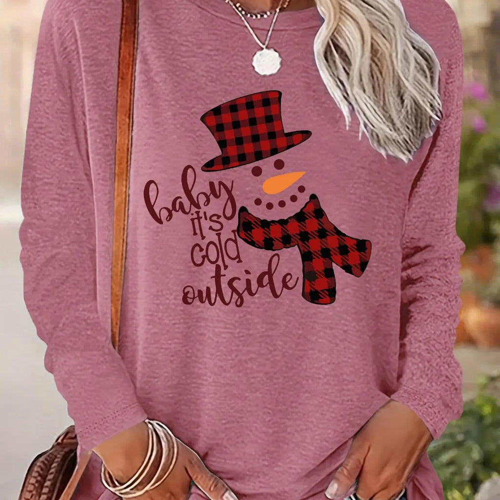 Women's Christmas Themed Cartoon Snowman Print Drop Shoulder T-shirt, Casual Long Sleeve Round Neck Pullover for Daily...