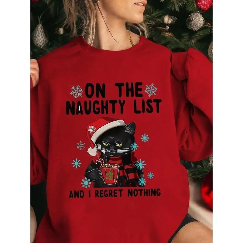 Women's Christmas Themed Cat Print Drop Shoulder Sweatshirt, Hoodie, T-Shirt, Casual Long Sleeve Round Neck Pullover for...