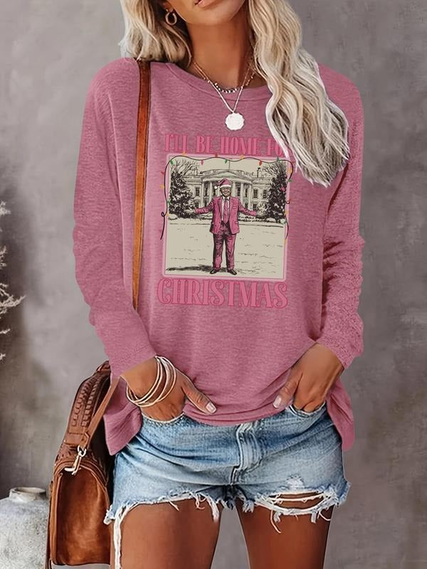 Women's Christmas Themed Letter & Figure Print Round Neck Tee, Casual Long Sleeve Crew Neck T-Shirt for Fall & Winter,...