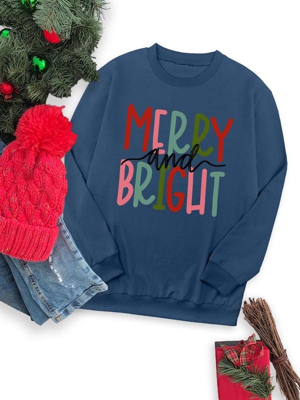 Women's Christmas Themed Letter Print Drop Shoulder Sweatshirt, Casual Long Sleeve Round Neck Pullover for Fall & Winter,...