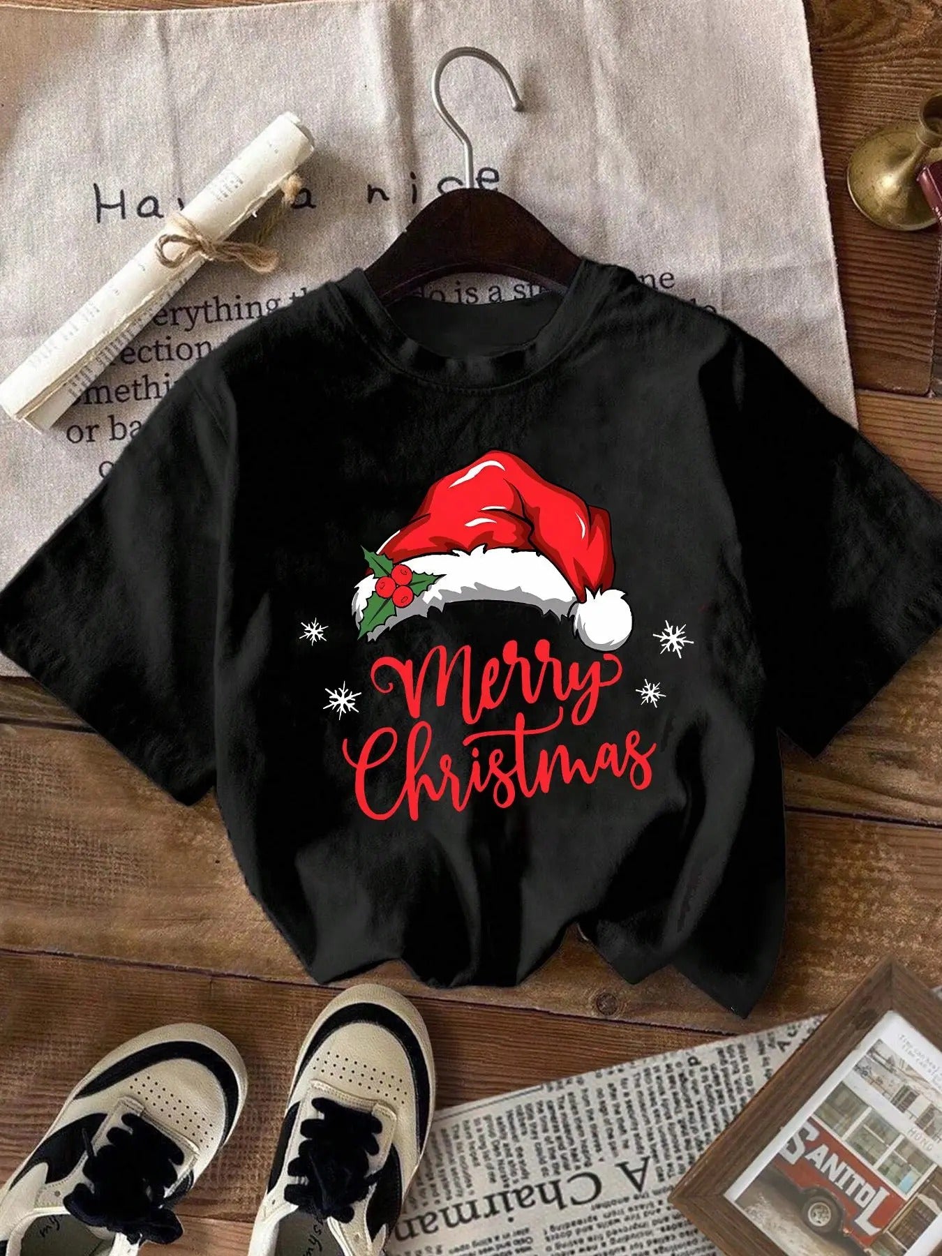Women's Christmas Themed Letter Print Round Neck Graphic Tee, Vintage Trendy Casual Short Sleeve T-shirt for Daily Wear,...