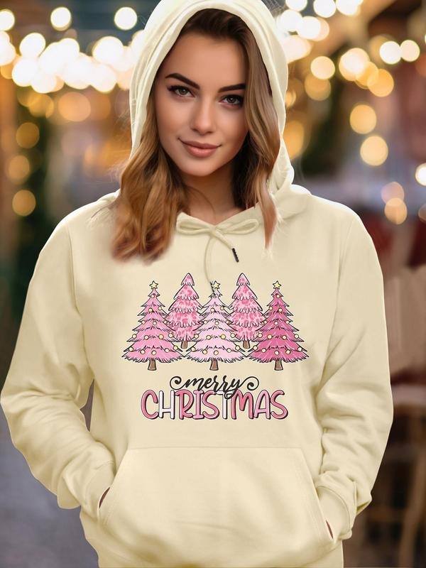 Women's Christmas Tree & Letter Print Drawstring Pocket Hoodie, Fashion Casual Hooded Sweatshirt for Daily Holiday...