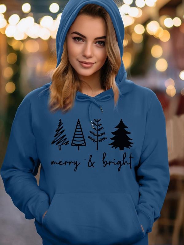 Women's Christmas Tree & Letter Print Drop Shoulder Hoodie, Fashion Casual Drawstring Pocket Hooded Sweatshirt for Daily...