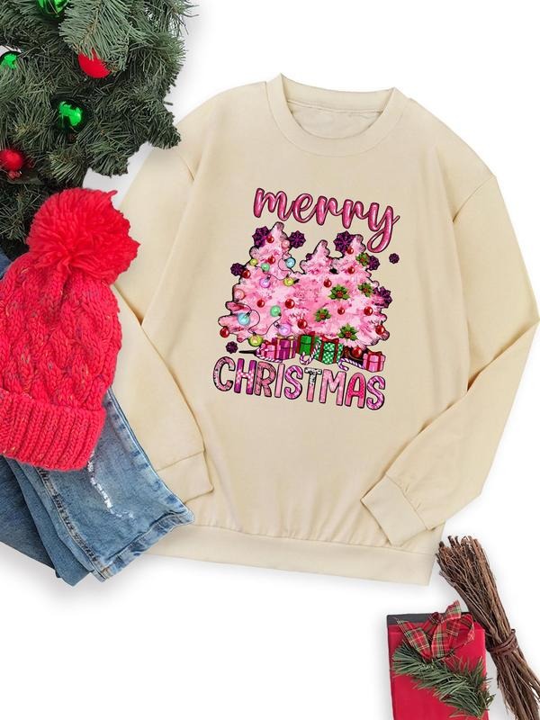 Women's Christmas Tree & Letter Print Drop Shoulder Sweatshirt, Casual Long Sleeve Round Neck Pullover for Fall & Winter,...