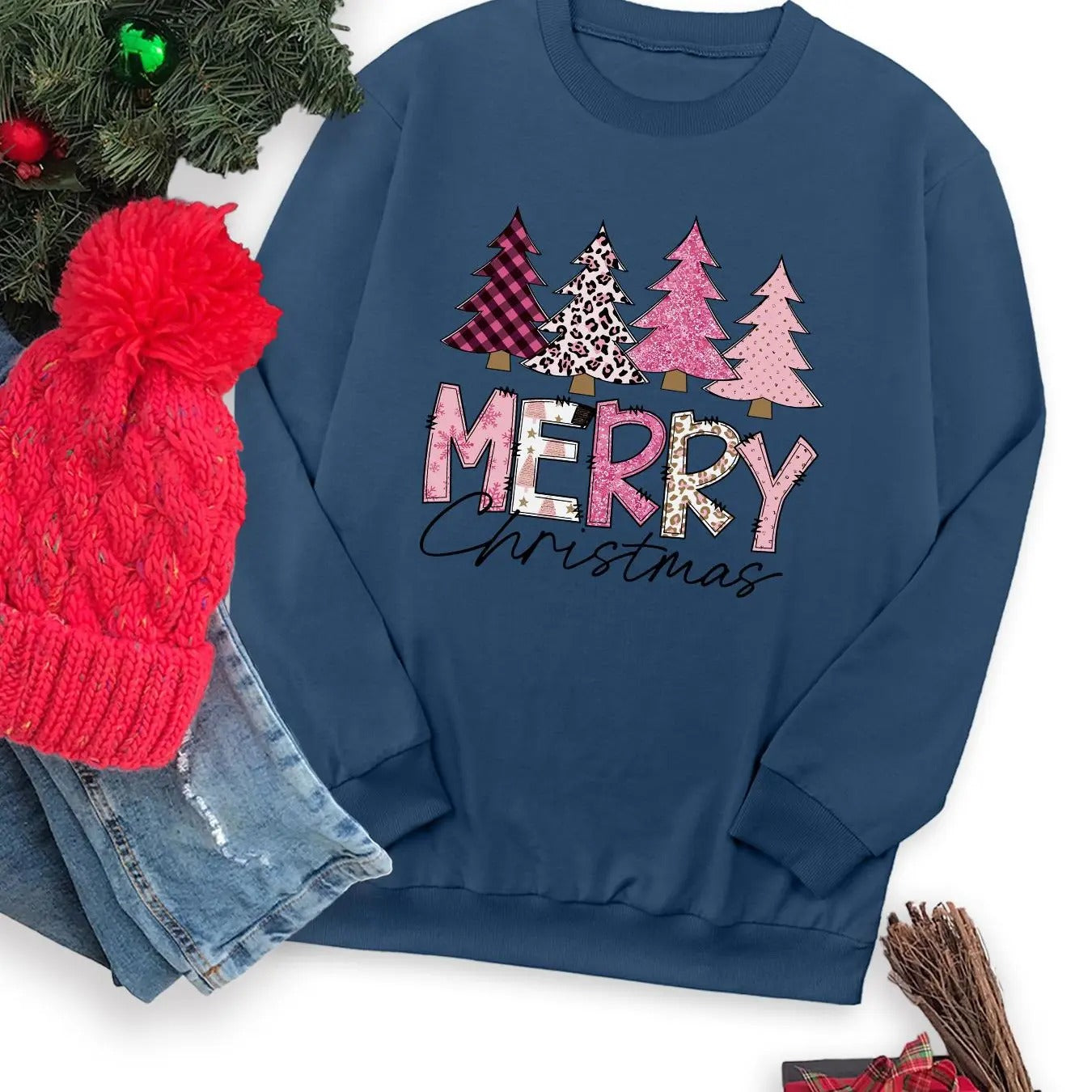 Women's Christmas Tree & Letter Print Drop Shoulder Sweatshirt, Casual Long Sleeve Round Neck Pullover for Fall & Winter,...