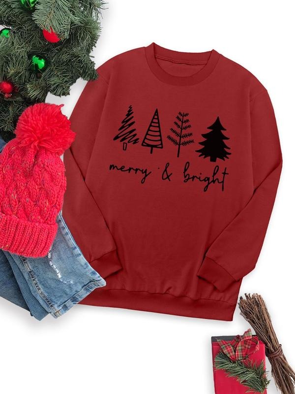 Women's Christmas Tree & Letter Print Round Neck Sweatshirt, Casual Long Sleeve Crew Neck Pullover for Fall & Winter,...
