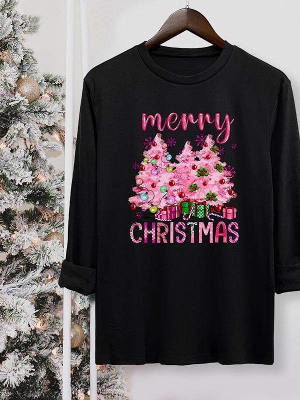 Women's Christmas Tree & Letter Print Round Neck Tee, Casual Long Sleeve Crew Neck T-shirt for Fall & Winter, Women's Top...