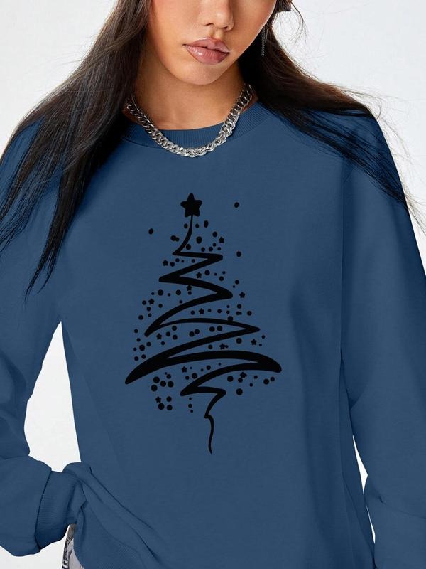 Women's Christmas Tree Print Drop Shoulder Sweatshirt, Casual Long Sleeve Round Neck Pullover for Fall & Winter, Ladies...