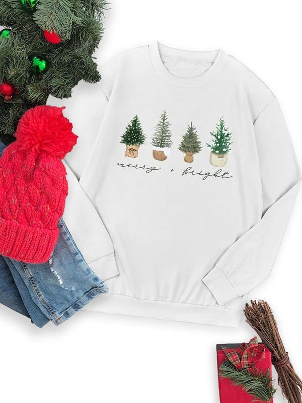 Women's Christmas Tree Print Drop Shoulder Sweatshirt, Casual Long Sleeve Round Neck Pullover for Fall & Winter, Ladies...