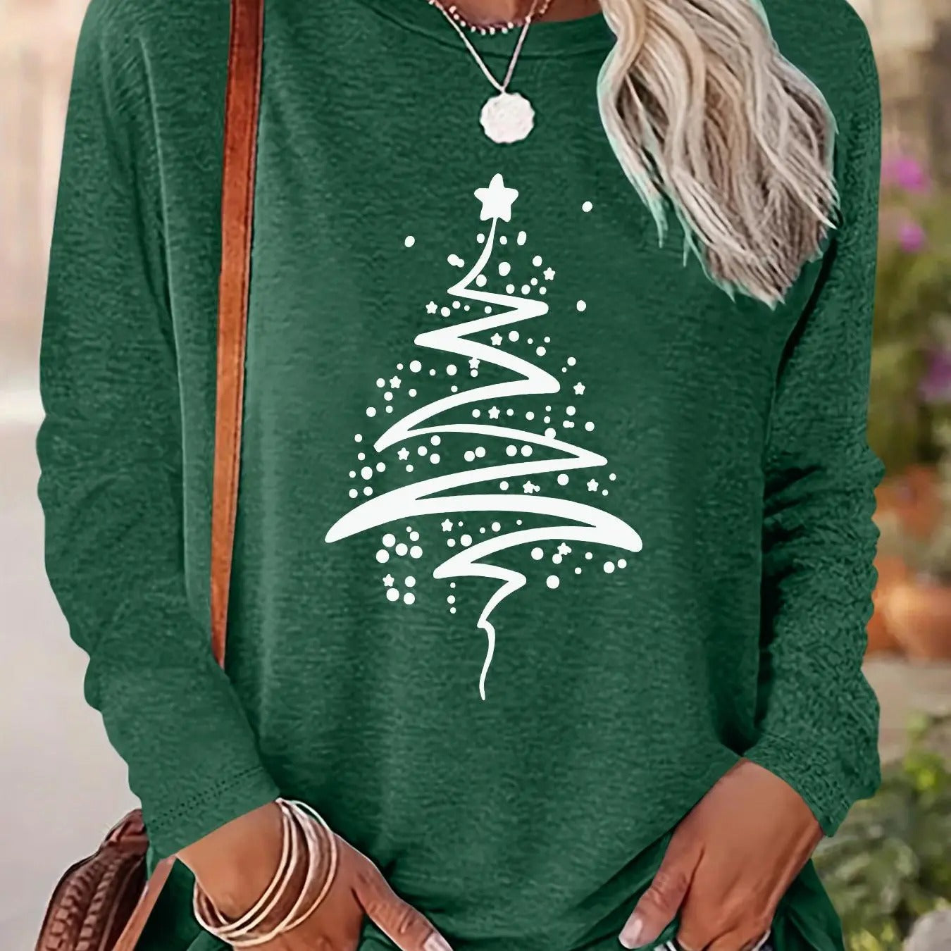 Women's Christmas Tree Print Drop Shoulder T-shirt, Casual Long Sleeve Round Neck Pullover for Fall & Winter, Ladies...