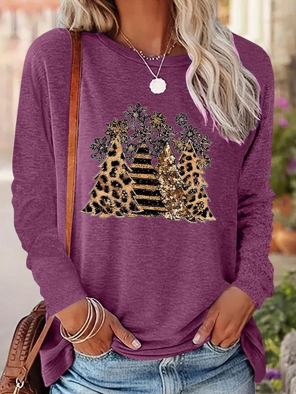 Women's Christmas Tree Print Drop Shoulder T-shirt, Casual Long Sleeve Round Neck Pullover for Fall & Winter, Ladies...