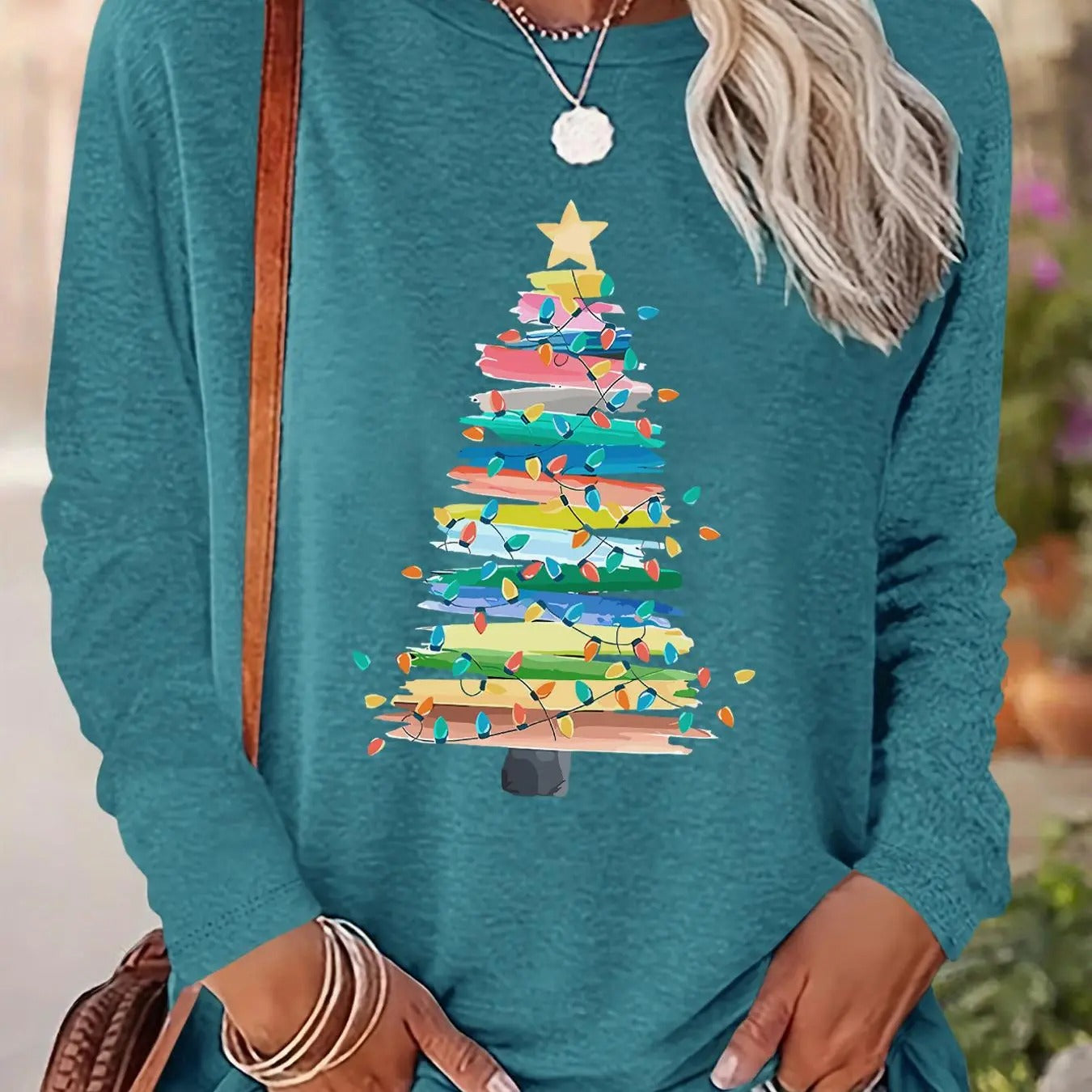 Women's Christmas Tree Print Drop Shoulder T-shirt, Casual Long Sleeve Round Neck Pullover for Fall & Winter, Ladies...