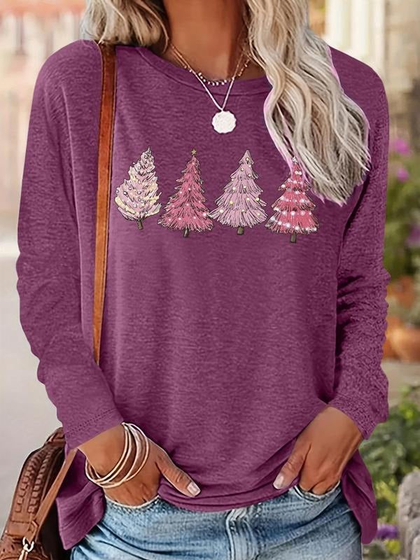 Women's Christmas Tree Print Drop Shoulder T-shirt, Casual Long Sleeve Round Neck Pullover for Fall & Winter, Ladies...