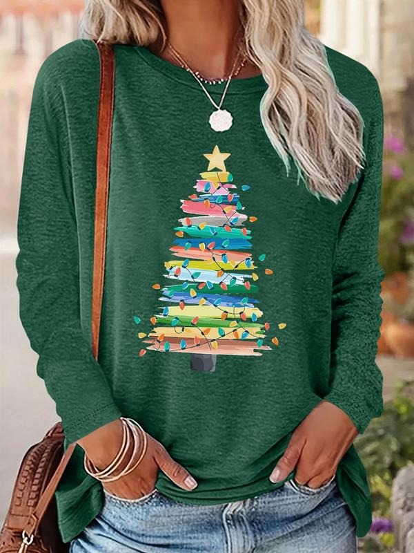Women's Christmas Tree Print Drop Shoulder T-shirt, Casual Long Sleeve Round Neck Pullover for Fall & Winter, Ladies...