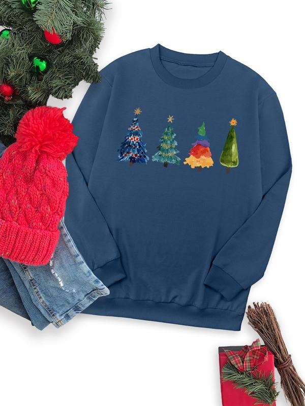 Women's Christmas Tree Print Round Neck Sweatshirt, Casual Long Sleeve Crew Neck Pullover for Fall & Winter, Women's...