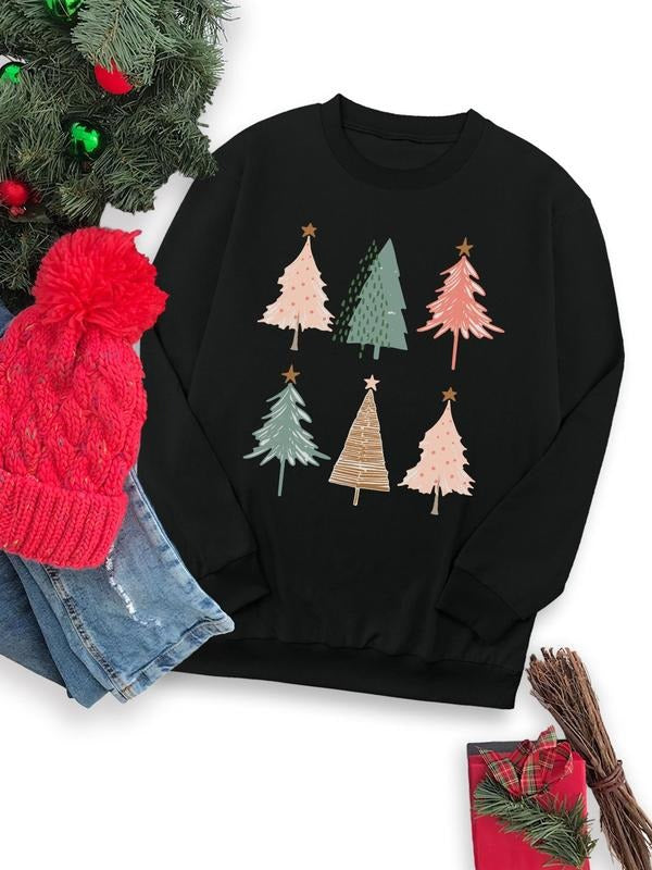 Women's Christmas Tree Print Round Neck Sweatshirt, Casual Long Sleeve Crew Neck Pullover for Fall & Winter, Women's...