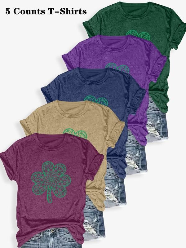 Women's Clover Print Round Neck Tee, Casual Short Sleeve Crew Neck T-shirt for Summer, Fashion Women's Top for Daily Wear...