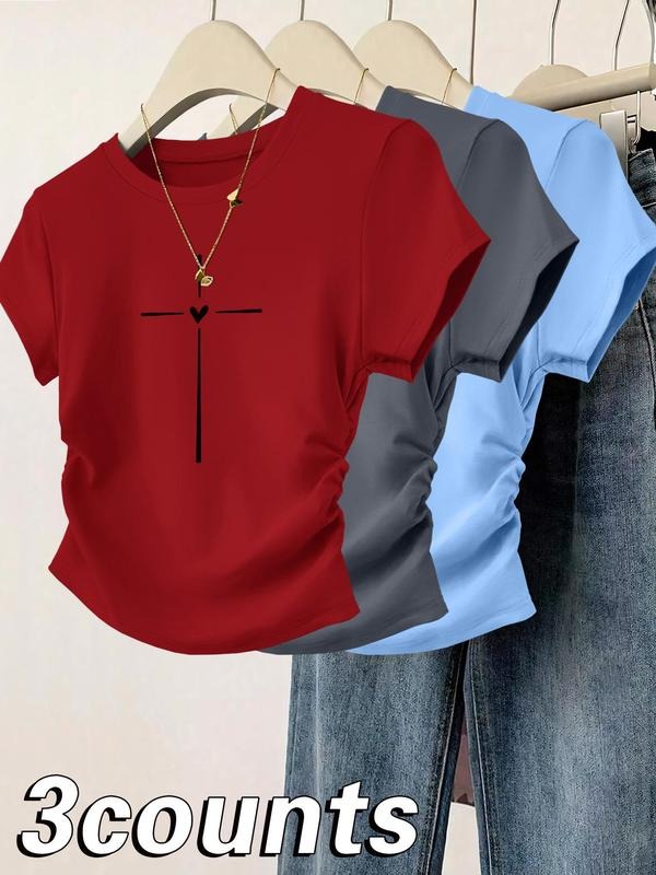 Women's Cross & Heart Print Round Neck Tee, Casual Short Sleeve T-shirt for Daily Wear, Ladies Clothes for All Seasons,...