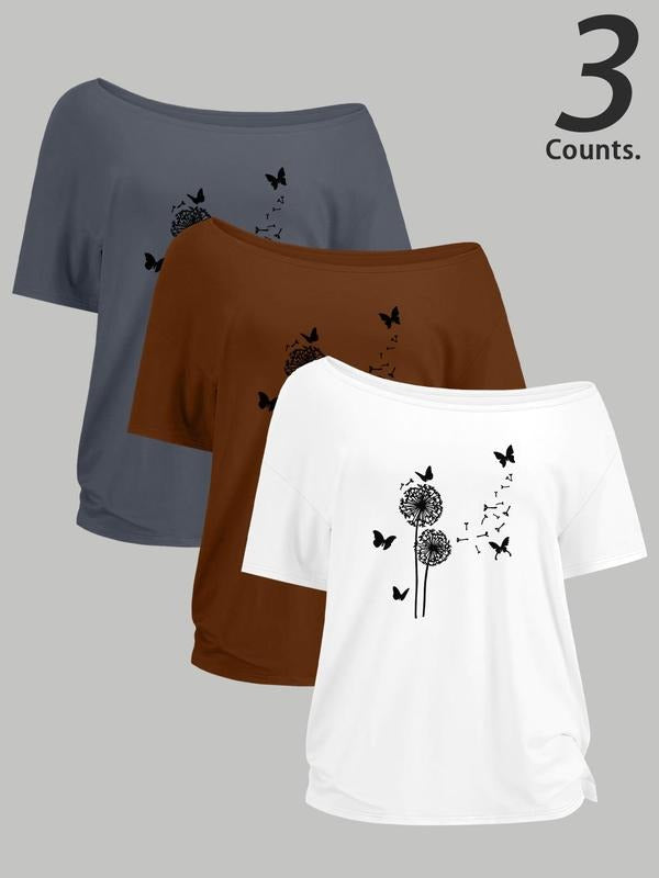 Women's Dandelion & Butterfly Print One Shoulder Tee, Casual One Shoulder Short Sleeve T-shirt for Daily Wear, Ladies...