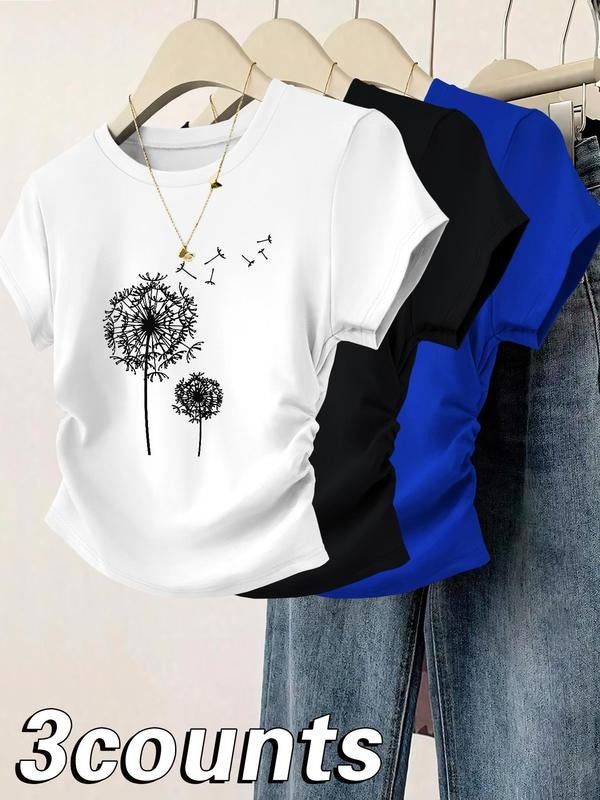 Women's Dandelion Print Round Neck Tee, Casual Short Sleeve Crew Neck T-shirt for Daily Wear, Ladies Clothes for All...