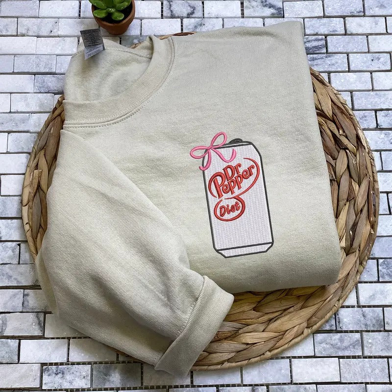 Women's Dr Pepper Diet Embroidered Crewneck Sweatshirt, Casual Long Sleeve Crewneck Pullover, Aesthetic Soda Can Graphic...