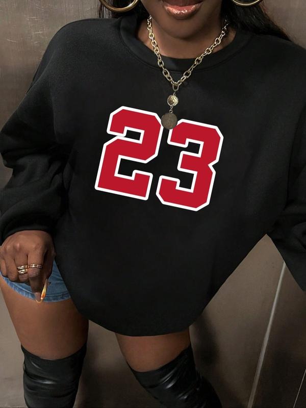 Women's Drop Shoulder Sweatshirt, Number Print Round Neck Pullover, Casual Long-Sleeve Crew Neck Top for Daily Wear...
