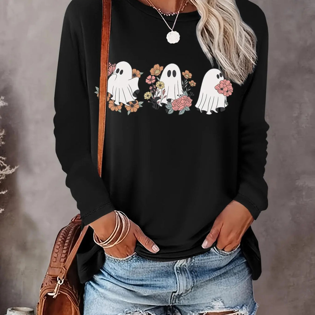 Women's Floral & Ghost Print Round Neck Tee, Casual Long Sleeve Crew Neck T-shirt for Fall & Winter, Women's Top for...