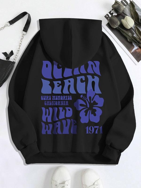 Women's Floral & Letter Print Drop Shoulder Hoodie, Fashion Casual Drawstring Pocket Hooded Sweatshirt for Daily Holiday...