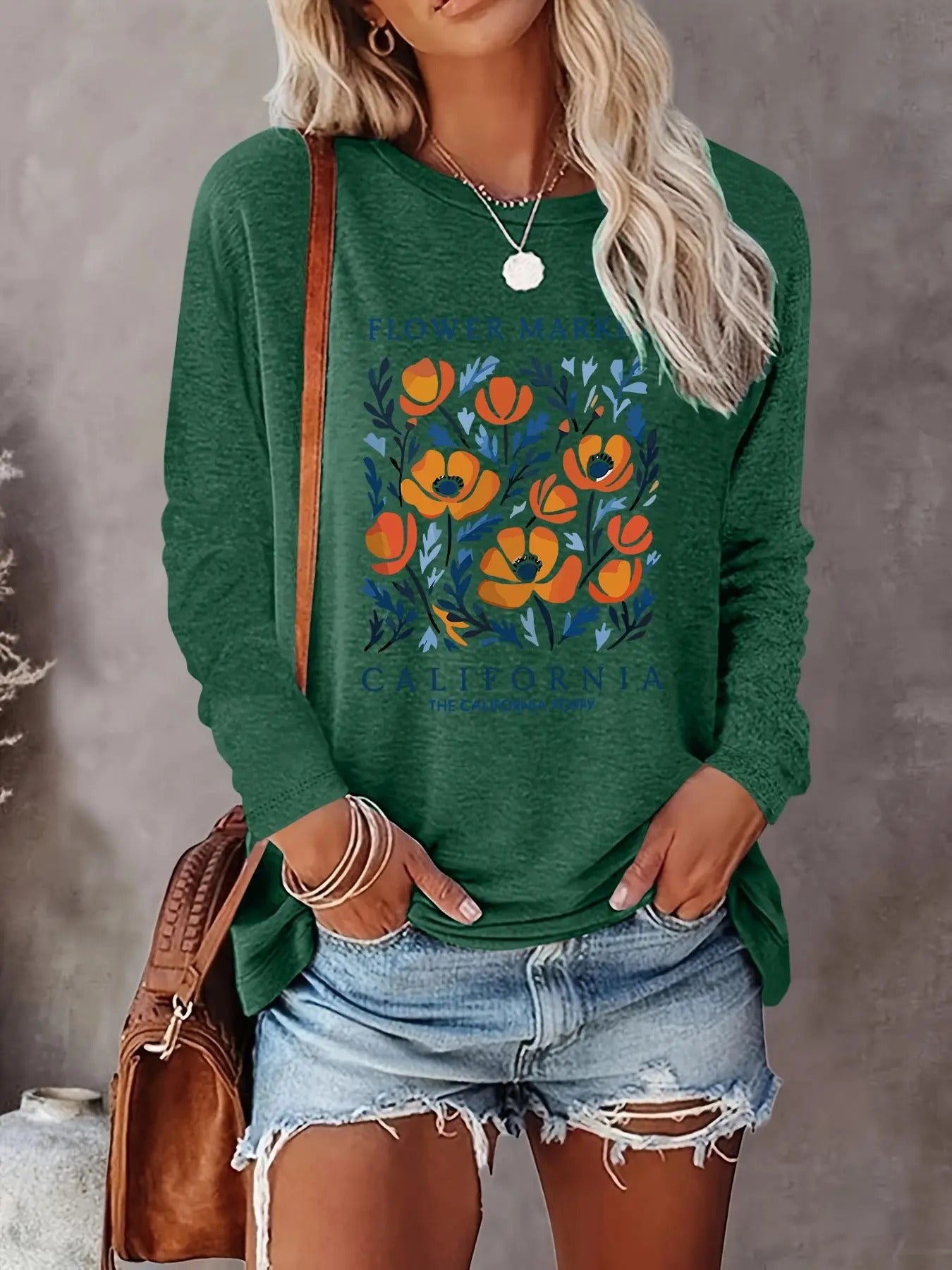 Women's Floral & Letter Print Round Neck Tee, Casual Long Sleeve Crew Neck T-shirt for Spring & Fall, Fashion Women's Top...