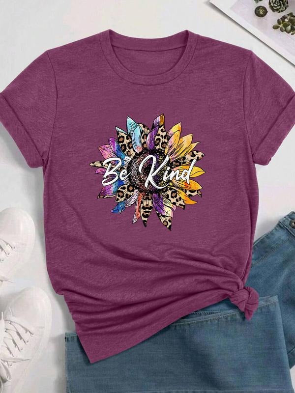 Women's Floral & Letter Print Round Neck Tee, Fashion Casual Crew Neck T-shirt for Daily Holiday Vacation Outdoor Wear,...
