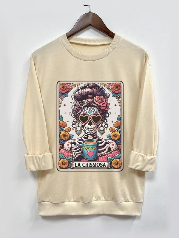 Women's Floral & Skull Print Drop Shoulder Sweatshirt, Fashion Casual Long Sleeve Round Neck Pullover for Daily Holiday...