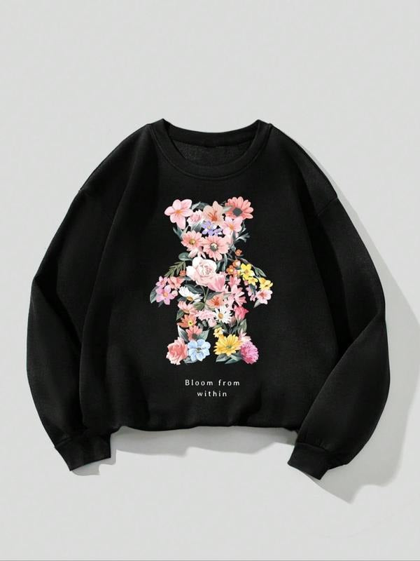 Women's Floral Print Bear Design Drop Shoulder Sweatshirt, Casual Long Sleeve Crew Neck Pullover For Daily Wear, Ladies...
