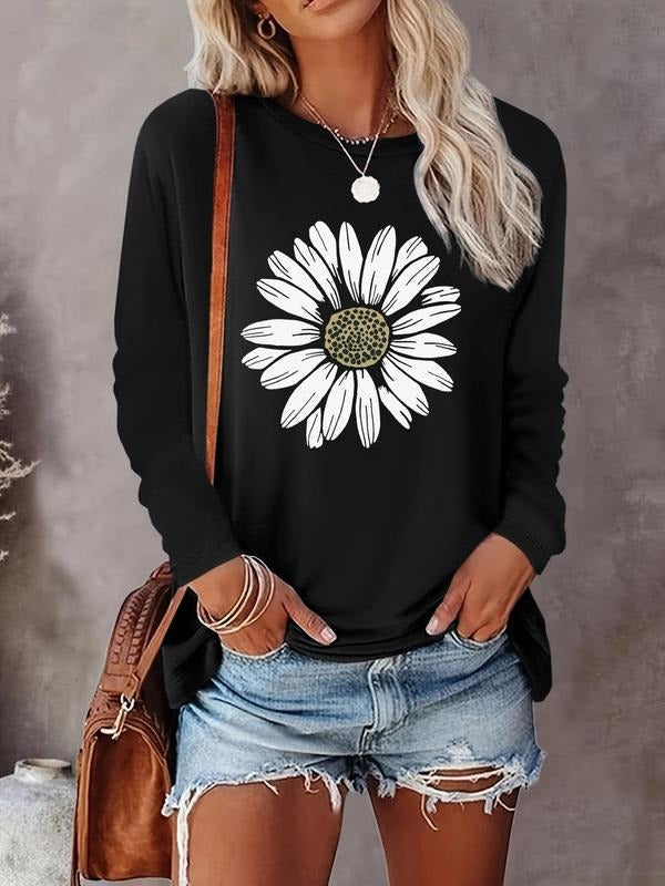 Women's Floral Print Round Neck Tee, Casual Long Sleeve Crew Neck T-shirt for Fall & Winter, Women's Top for Daily Wear...