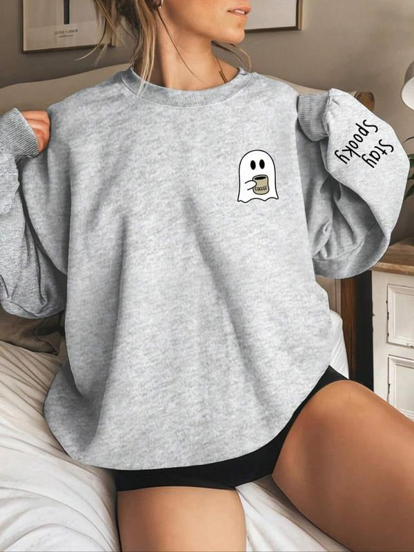 Women's Ghost & Letter Print Drop Shoulder Sweatshirt, Casual Long Sleeve Round Neck Pullover for Halloween Fall &...