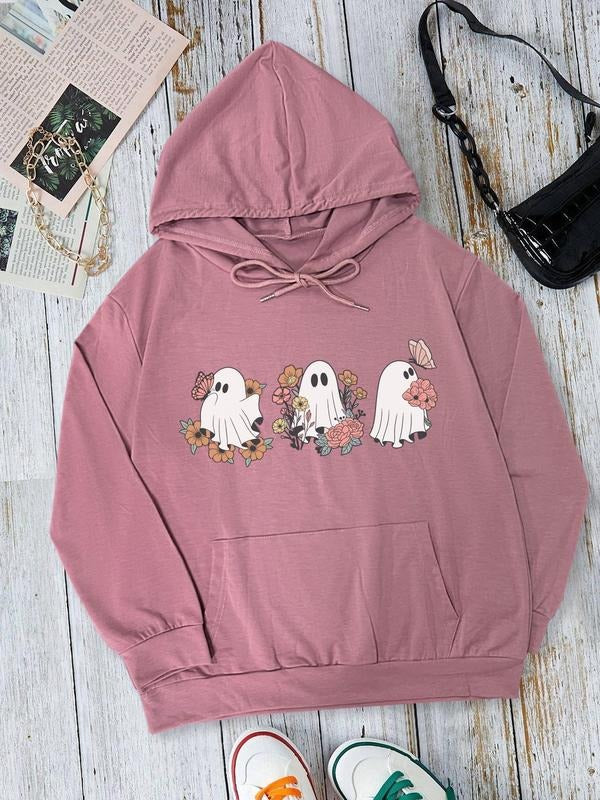 Women's Ghost Print Drop Shoulder Hoodie, Fashion Casual Drawstring Pocket Hooded Sweatshirt for Daily Holiday Outdoor...