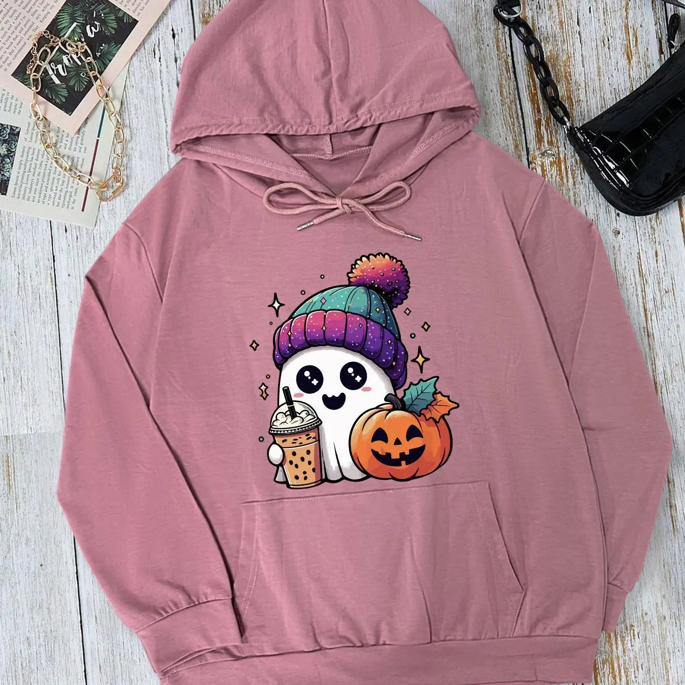 Women's Ghost Print Drop Shoulder Hoodie, Fashion Casual Drawstring Pocket Hooded Sweatshirt for Halloween Daily Holiday...
