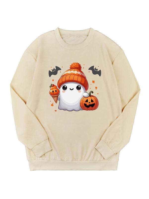 Women's Ghost Print Drop Shoulder Sweatshirt, Casual Long Sleeve Round Neck Pullover for Halloween Daily Wear, Ladies...