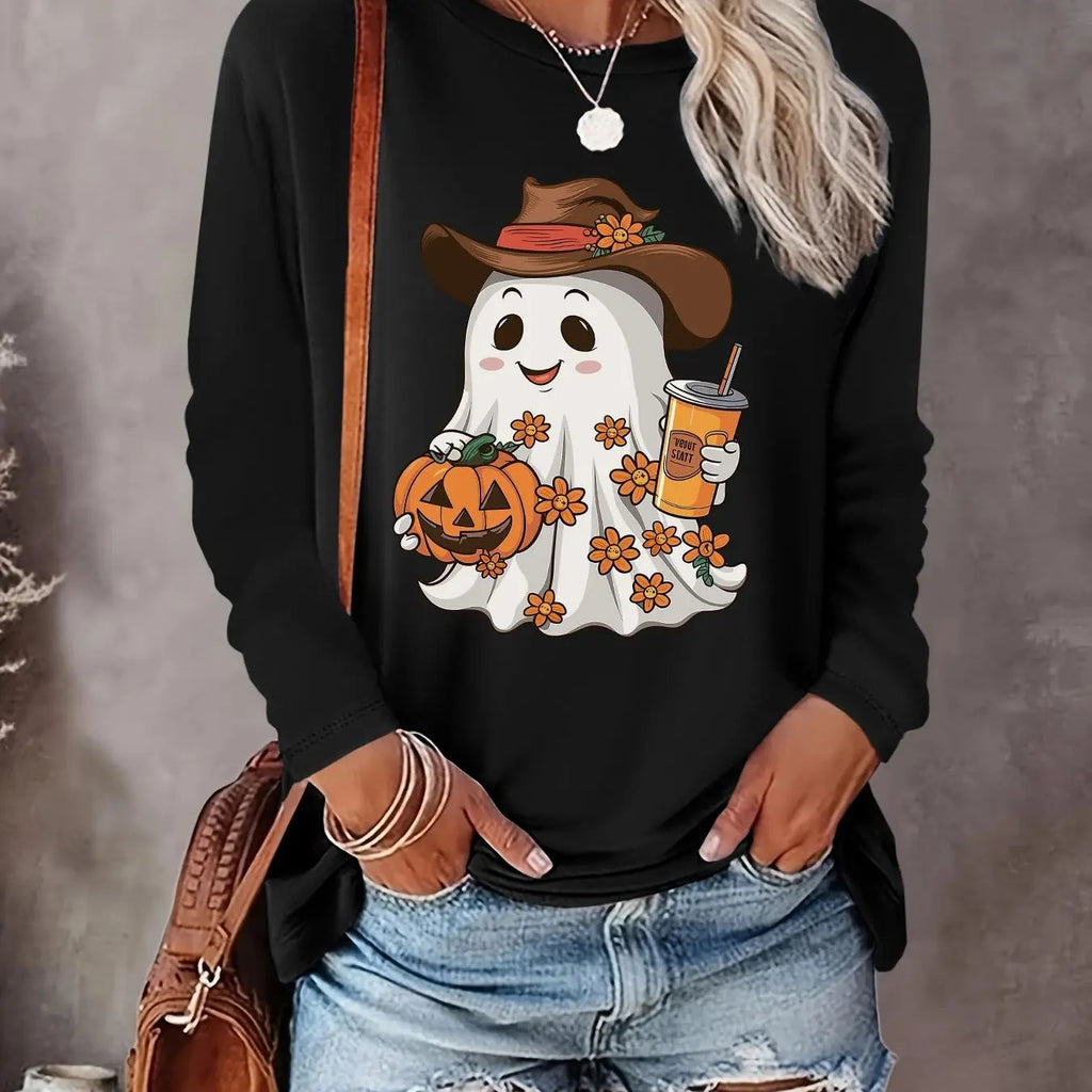 Women's Ghost Print Round Neck Tee, Casual Halloween Long Sleeve Crew Neck T-shirt for Fall & Winter, Women's Clothes for...
