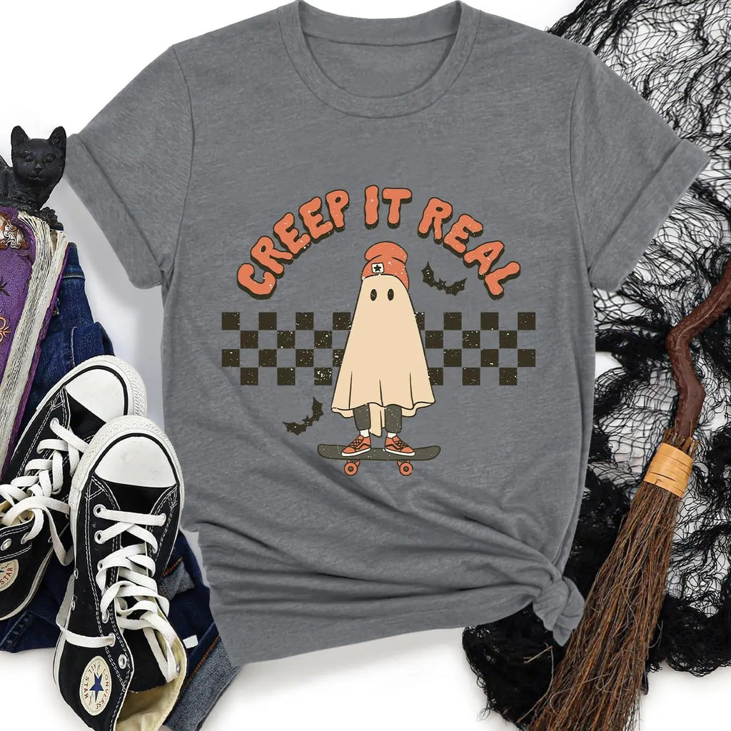 Women's Halloween Cartoon Ghost & Letter Print Round Neck Tee, Fashion Casual Crew Neck T-Shirt for Daily Holiday...