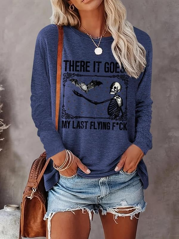 Women's Halloween Cartoon Skeleton & Letter Print Drop Shoulder Sweatshirt, Casual Long Sleeve Round Neck Pullover for...