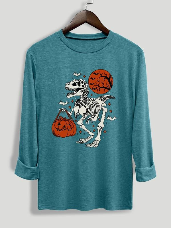 Women's Halloween Dinosaur Skeleton Print Round Neck Tee, Fashion Casual Long Sleeve T-shirt for Daily Outdoor Wear,...