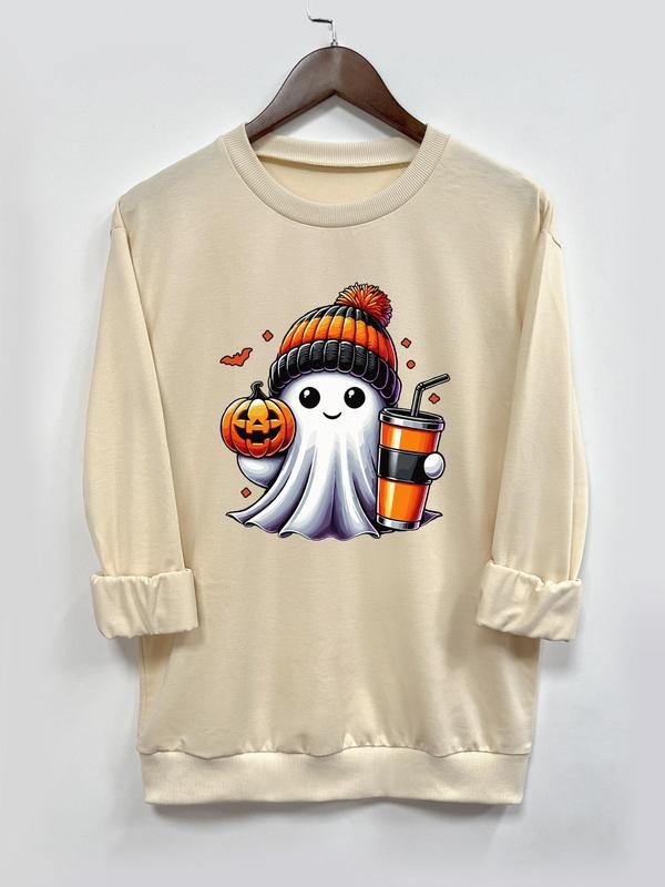 Women's Halloween Ghost Print Crew Neck Sweatshirt, Casual Long Sleeve Pullover, Women's Fall & Winter Clothes for Daily...
