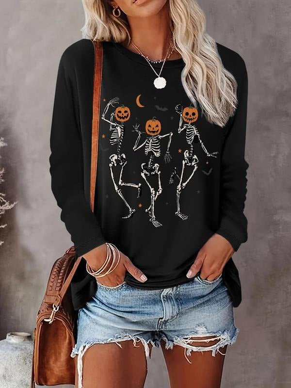 Women's Halloween Pumpkin & Skeleton Print Round Neck T-shirt, Casual Long Sleeve Crew Neck Tee for Daily Wear, Women's...