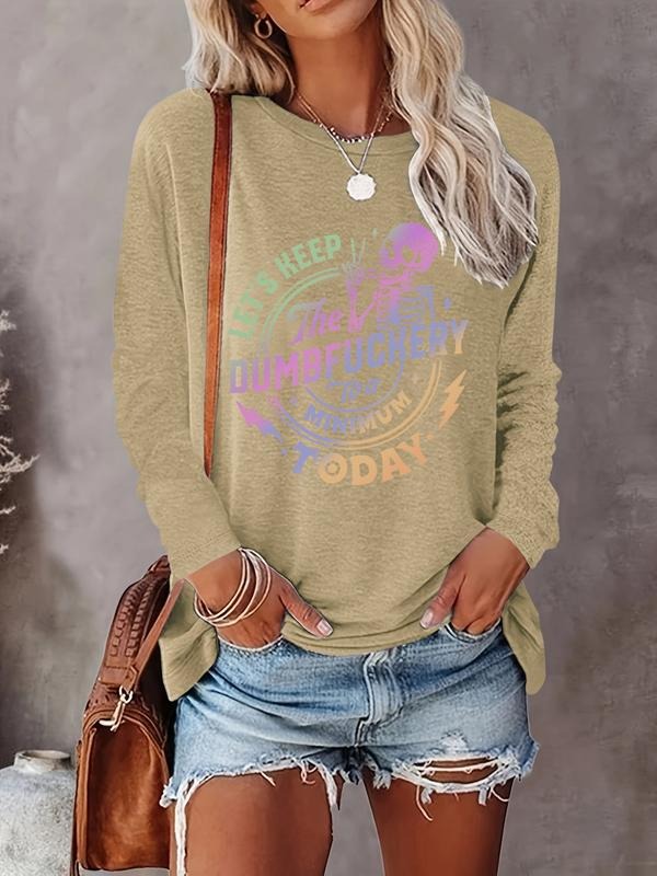 Women's Halloween Skull Letters Print Long Sleeve Round Neck T-Shirt, Casual Fitted Top, Soft Comfortable Fabric,...