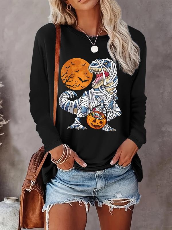 Women's Halloween Themed Dinosaur Print Round Neck Tee, Casual Long Sleeve Crew Neck T-Shirt for Daily Wear, Ladies...