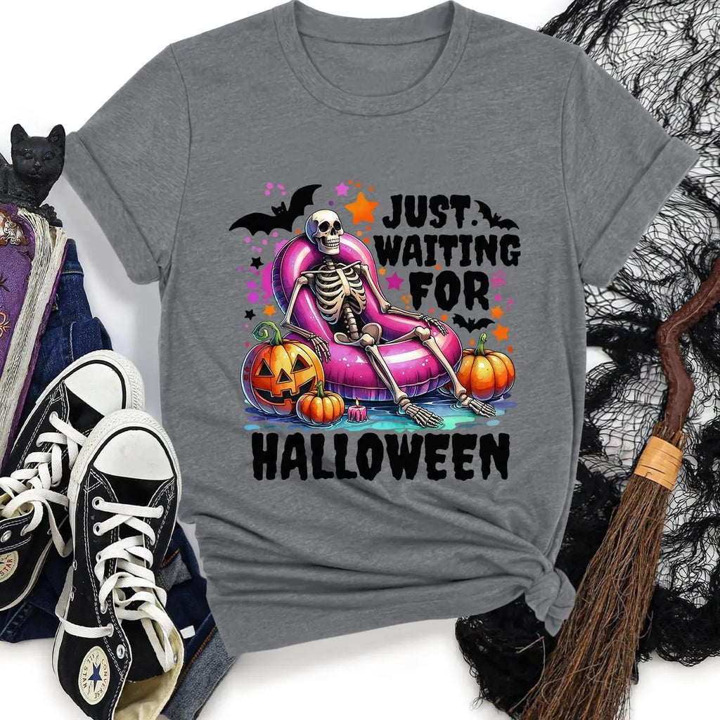 Women's Halloween Themed Skeleton & Pumpkin Print Round Neck Tee, Fashion Casual Crew Neck Short Sleeve T-Shirt for Daily...