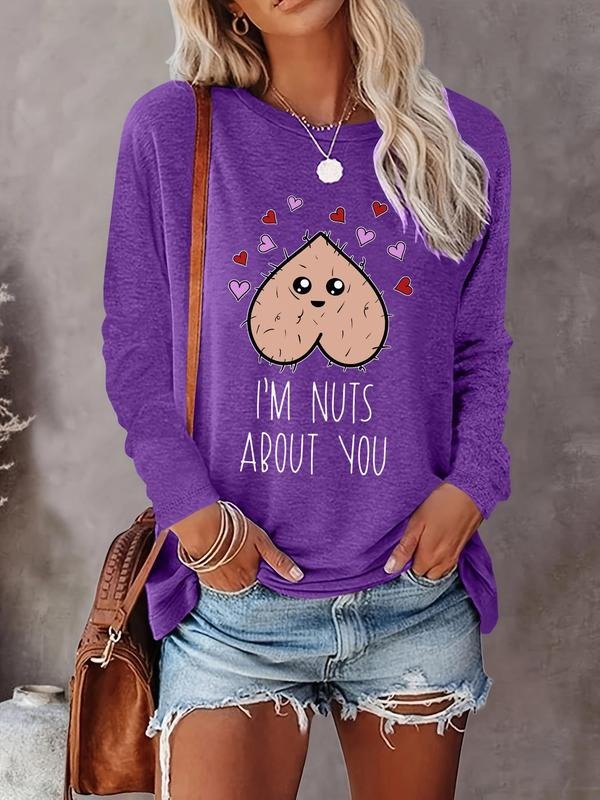 Women's Heart & Letter Print Round Neck Tee, Casual Long Sleeve Crew Neck T-shirt for Fall & Winter, Women's Top for...