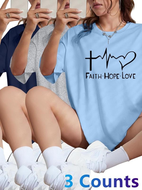 Women's Heart & Letter Print Round Neck Tee, Casual Short Sleeve Crew Neck T-shirt for Daily Wear, Ladies Clothes for All...